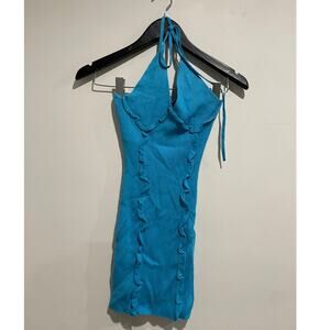 NWT h:ours Sleeveless Ruffle Halter Ribbed Bodycon Mini Dress Blue Womens XS